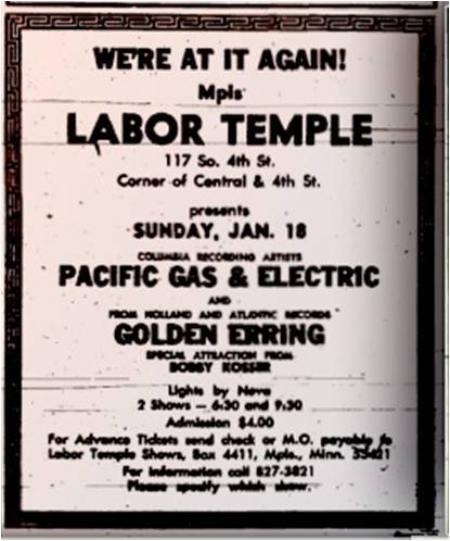 Golden Earring show ad Labor Temple - Minneapolis - January 18, 1970